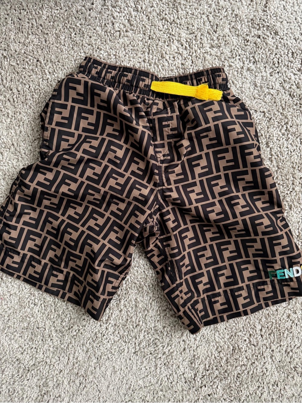 Boys Fendi Brown FF Logo Swim Shorts with Yellow Drawstring size 6